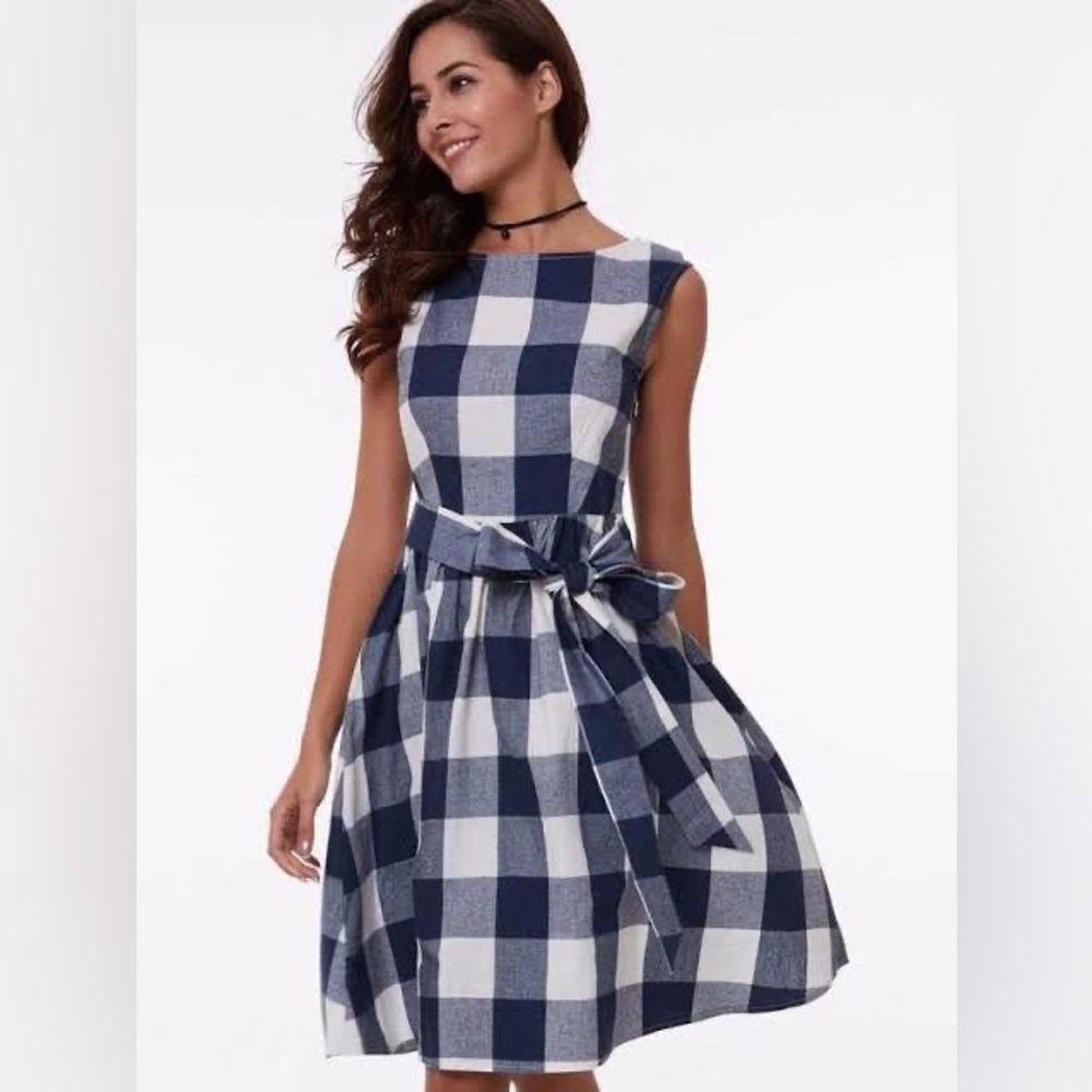 LAURA ASHLEY Cotton Blue White Picnic Check Fit and Flare Midi Dress - Picture 1 of 12